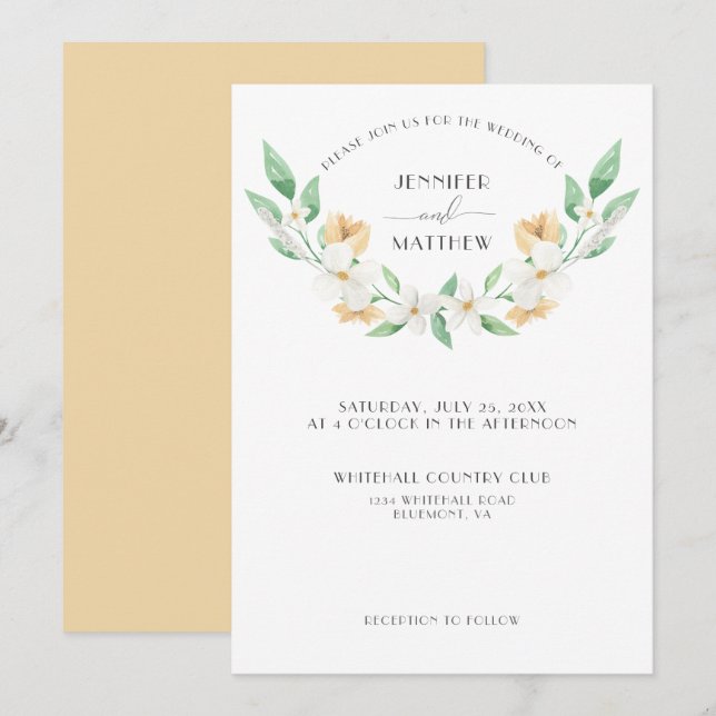 Convites Casamento Floral Branco, Verde, Amarelo | (Frente/Verso)