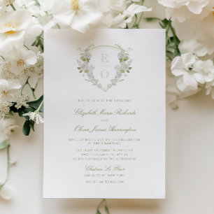 Convites Casamento Floral Branco Verde Romântico com Brasão