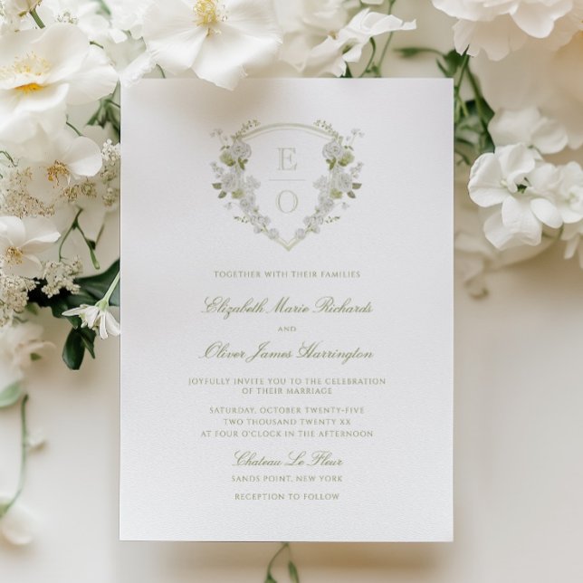 Convites Casamento Floral Branco Verde Romântico com Brasão (Criador carregado)