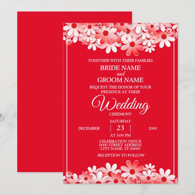 Convites Casamento Floral Branco Vermelho Elegante (Frente/Verso)