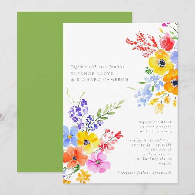 Convites Casamento Floral Bright & Bold Watercolor (Frente/Verso)