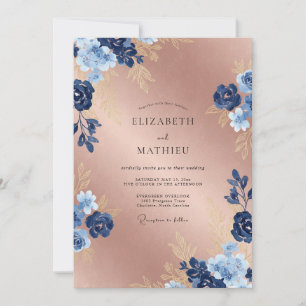 Convites Casamento Floral Brilhante em Ouro Rosa e Azul Mar