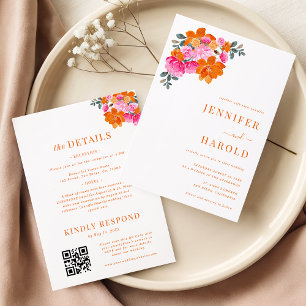 Convites Casamento Floral Brilhante Rosa e Laranja & Detalh