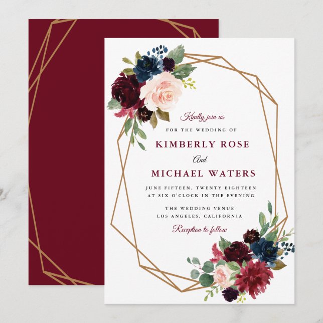 Convites casamento floral burgundy (Frente/Verso)