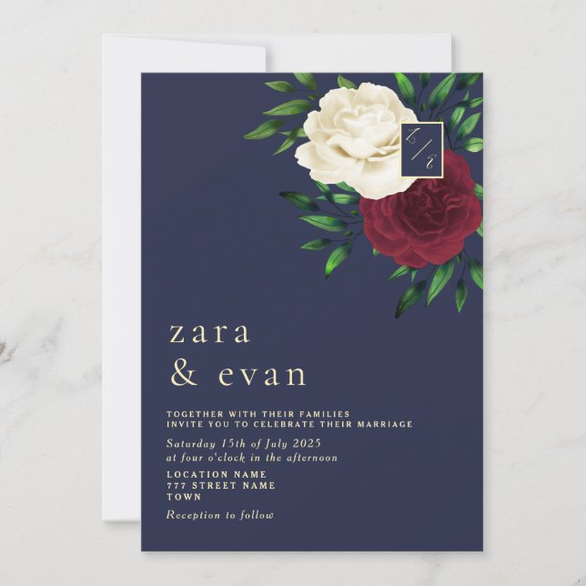 Convites Casamento Floral Burgundy Azul Marinho  (Frente)