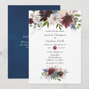 Convites Casamento Floral Burgundy, Azul Marinho e Rosa Beg