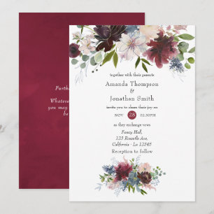 Convites Casamento Floral Burgundy, Azul Marinho e Rosa Beg