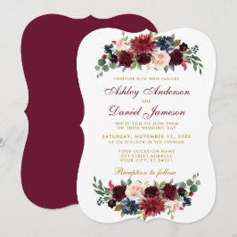 Convites Casamento Floral Burgundy Blue Watercolor BR