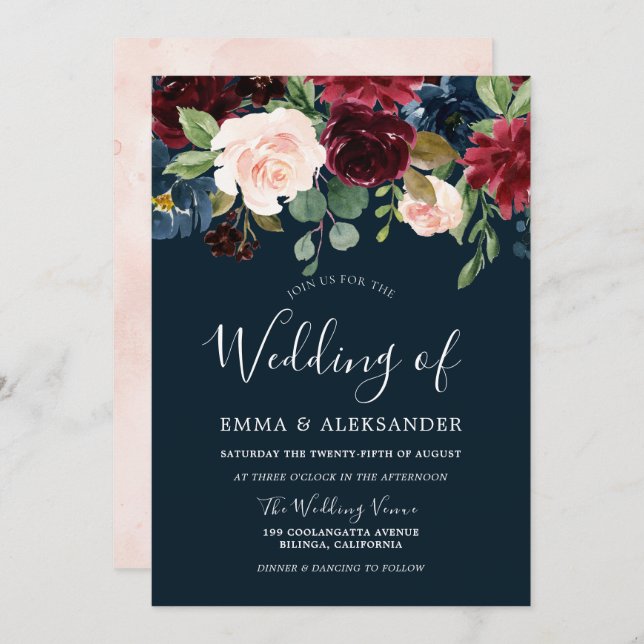 Convites Casamento Floral Burgundy Blush & Marinho Watercol (Frente/Verso)