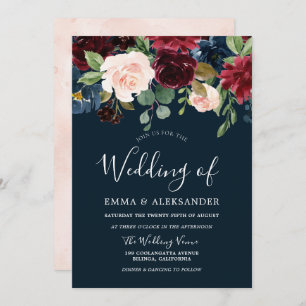Convites Casamento Floral Burgundy Blush & Marinho Watercol