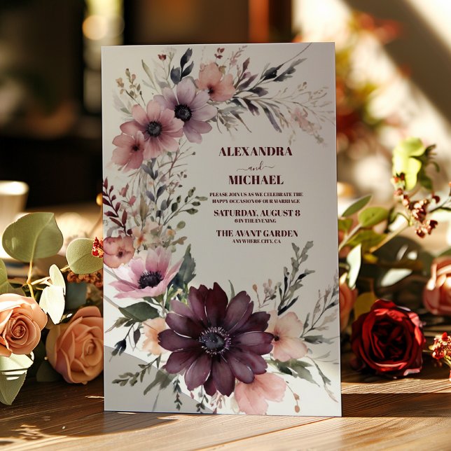 Convites Casamento Floral Burgundy Boho (Criador carregado)