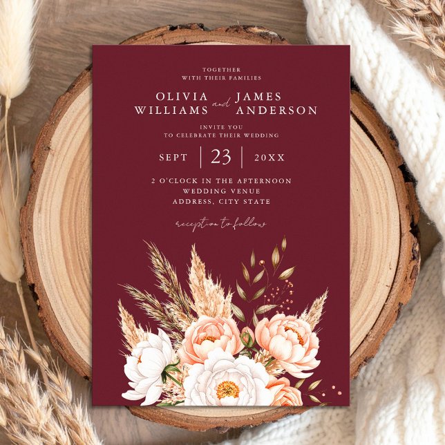 Convites Casamento Floral Burgundy Boho Chic (Criador carregado)