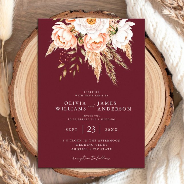 Convites Casamento Floral Burgundy Boho Chic (Criador carregado)