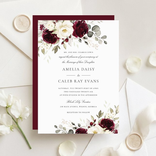 Convites Casamento Floral Burgundy Branco Bege Verde (Criador carregado)