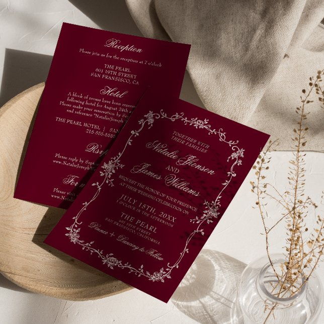 Convites Casamento Floral Burgundy Clássico Retro Completo (Criador carregado)