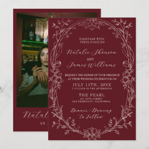 Convites Casamento Floral Burgundy Clássico Romântico com D