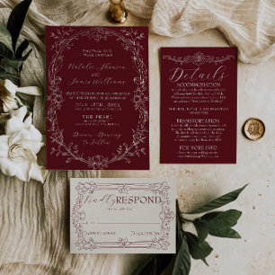 Convites Casamento Floral Burgundy Clássico Romântico com D