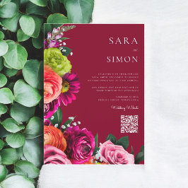 Convites casamento floral burgundy com código QR moderno el