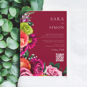Convites casamento floral burgundy com código QR moderno el