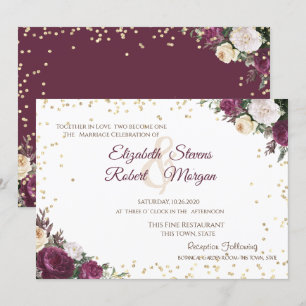 Convites Casamento Floral Burgundy Diamantes Dourados