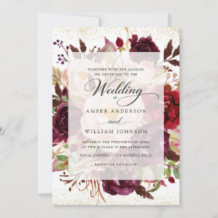 Convites Casamento Floral Burgundy Dourado Elegante