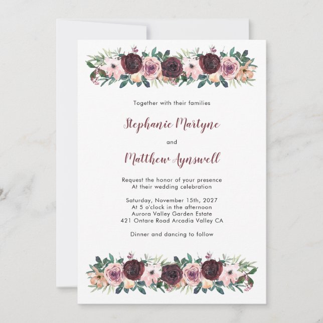 Convites Casamento Floral Burgundy Dusty Rosa Watercolor (Frente)