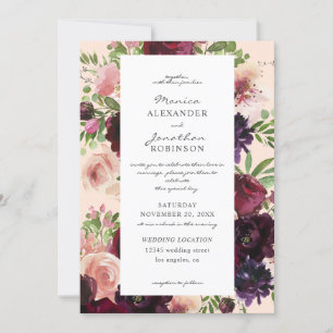 Convites Casamento Floral Burgundy e Blush em V2 Rosa
