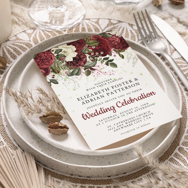 Convites Casamento Floral Burgundy e Branco Chic  (Criador carregado)