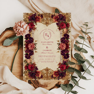 Convites Casamento Floral Burgundy e Dourado Barroco