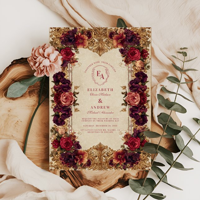 Convites Casamento Floral Burgundy e Dourado Barroco (Criador carregado)