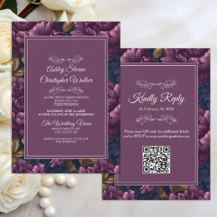 Convites Casamento Floral Burgundy Elegante com código QR R