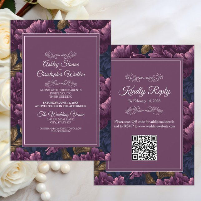 Convites Casamento Floral Burgundy Elegante com código QR R (Elegant burgundy velvet floral wedding invitation/rsvp combo with your QR code )