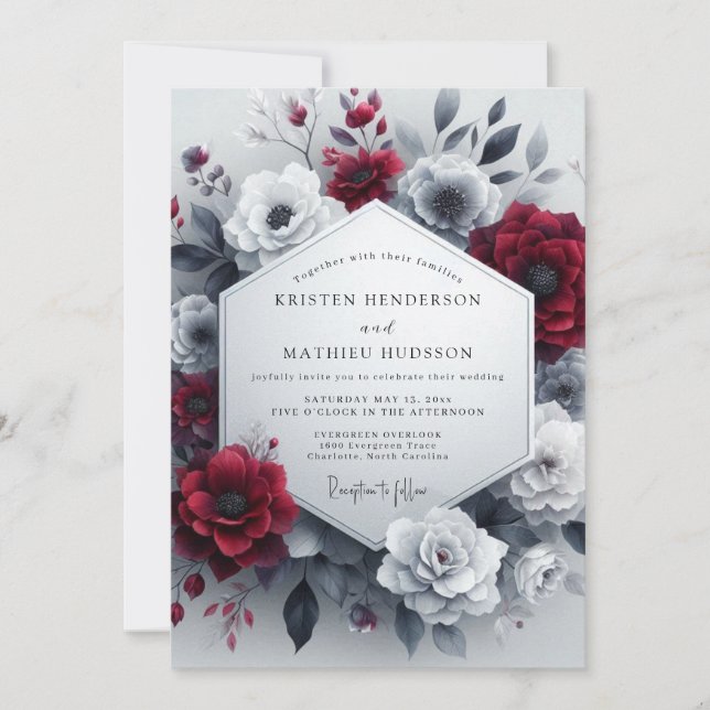 Convites Casamento Floral Burgundy Greyscale (Frente)