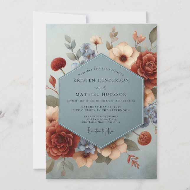 Convites Casamento Floral Burgundy Heirloom (Frente)