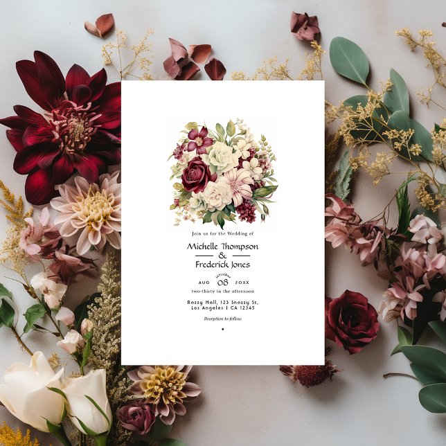 Convites Casamento Floral Burgundy, Marfim e Sage (Criador carregado)