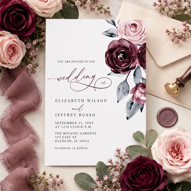 Convites Casamento Floral Burgundy Moderno Elegante (Elegant Modern Burgundy Floral Wedding Invitation)