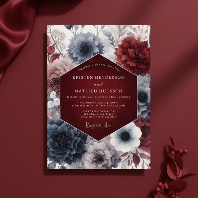 Convites Casamento Floral Burgundy Moody Bloom (Criador carregado)