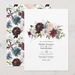 Convites Casamento Floral Burgundy, Navy e Blush