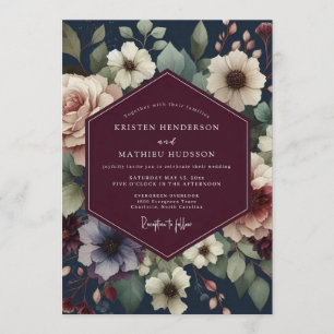 Convites Casamento Floral Burgundy Navy Pintura