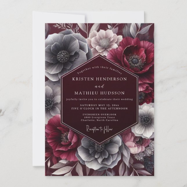 Convites Casamento Floral Burgundy Noir (Frente)