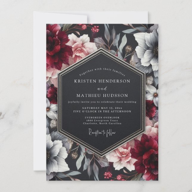 Convites Casamento Floral Burgundy Noir (Frente)