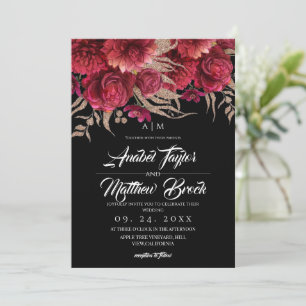 Convites Casamento Floral Burgundy Preto Dourado Romântico
