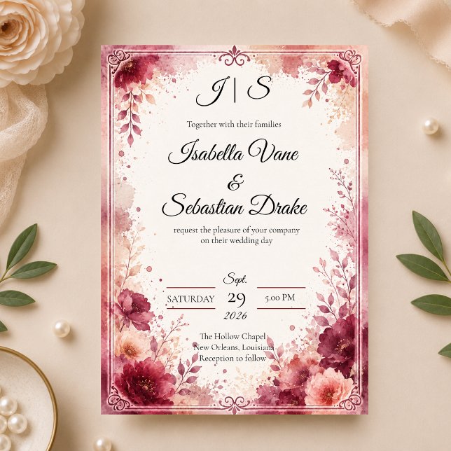 Convites Casamento Floral Burgundy Romântico (Criador carregado)