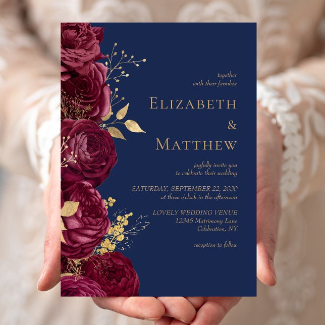 Convites Casamento Floral Burgundy Romântico Azul Ouro (Criador carregado)
