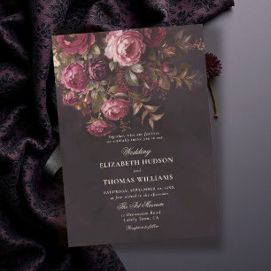 Convites Casamento Floral Burgundy Romântico e Sombrio