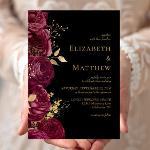 Convites Casamento Floral Burgundy Romântico Preto Dourado