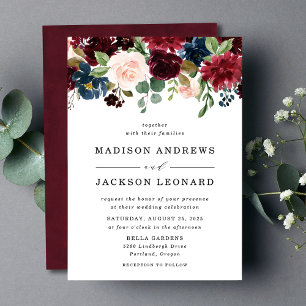 Convites Casamento Floral Burgundy Rosa Naval Elegante
