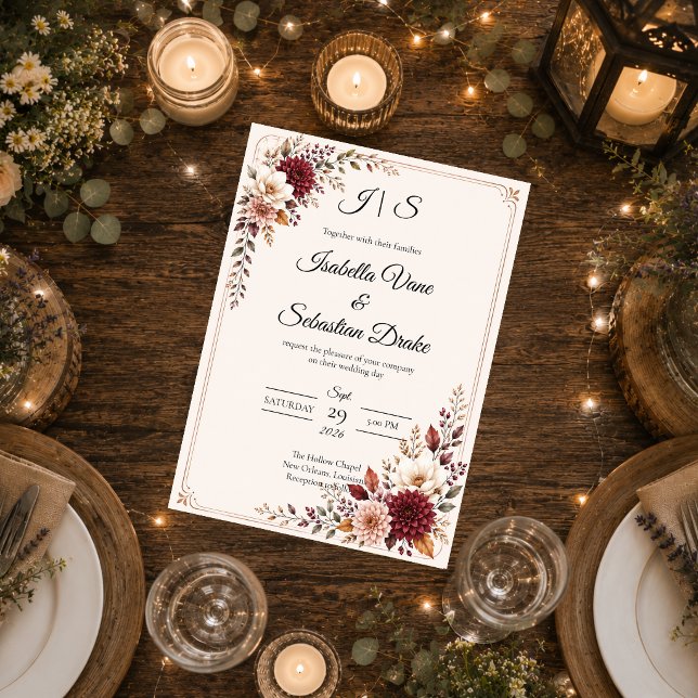 Convites Casamento Floral Burgundy Rústico (Criador carregado)