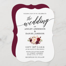 Convites Casamento Floral Burgundy - Script de Caligrafia E