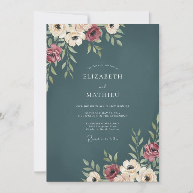 Convites Casamento Floral Burgundy Teal Escuro (Frente)